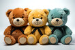 Teddy Bear Trio: Adorable plush toys in brown, yellow, and blue, perfect for children's gifts and nursery decor.