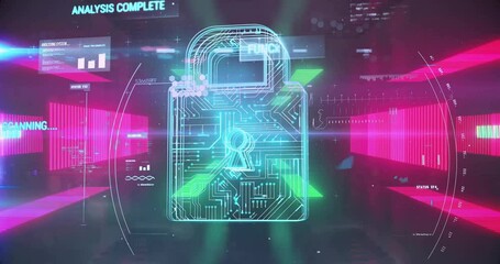 Poster - Animation of padlock and digital data processing over neon stripes