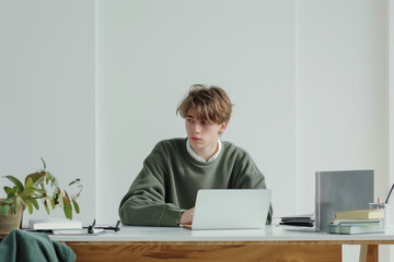 Young White Man Working in a Office at Laptop