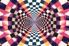 Psychedelic Checkered Circle Background. Round Background With Checkerboard Pattern. Chequer Psychedelic Mosaic. Chess Optical Texture.