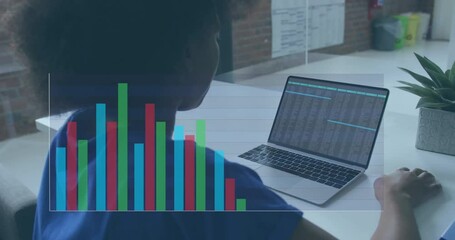 Poster - Animation of financial data processing over african american businesswoman using laptop in office
