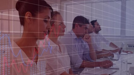 Poster - Animation of financial data processing over diverse colleagues having meeting in office