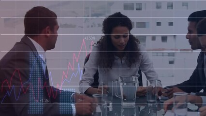 Poster - Animation of financial data processing over diverse colleagues having meeting in office