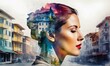abstract double exposure portrait blended with architecture, tv background, light head, mind concept