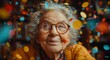 A beaming older woman, donning her glasses and adorned in colorful clothing, radiates joy as confetti cascades around her, capturing the vibrant essence of her personality