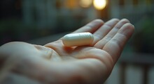A Well-manicured Hand Delicately Holds A Pill, Its Thumb Caressing The Smooth Surface With A Sense Of Contemplation And Hesitation In An Indoor Setting