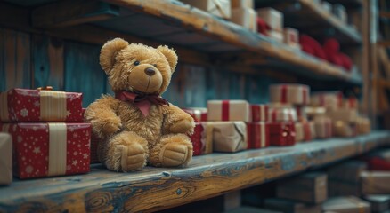a beloved teddy bear sits contently on a wooden shelf, surrounded by colorful presents and books, ex