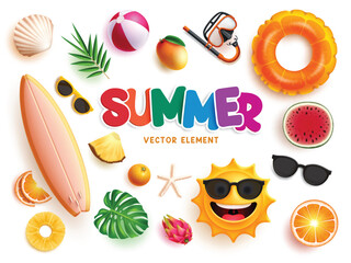 Wall Mural - Summer elements beach vector set design. Summer elements surfboard, happy sun, sunglasses, seashells and tropical fruits isolated in white. Vector illustration summer elements collection.
