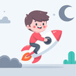 © Ngilustrasi - flat design illustration concept of cute boy flying to the moon with rocket
