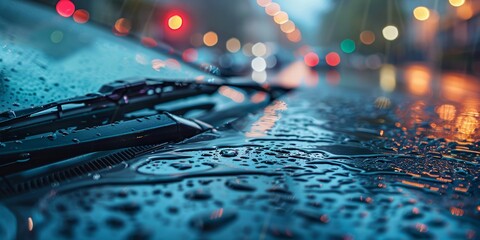 Raindrops on car with windshield wipers during a nighttime downpour, city lights blurred in background.