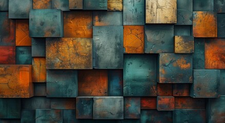 Poster - A vibrant and mesmerizing display of abstract art, featuring a symmetrical pattern of colorful blocks against a rusty wall
