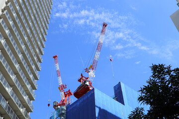 Cranes constructing buildings