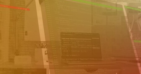 Poster - Animation of digital data processing over computer on office desk