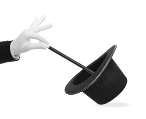 Magician showing trick with wand and top hat on white background, closeup