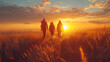 Group of friends on a country walk on a summer day. Young people hiking in the countryside, summer countryside sunset over the meadow