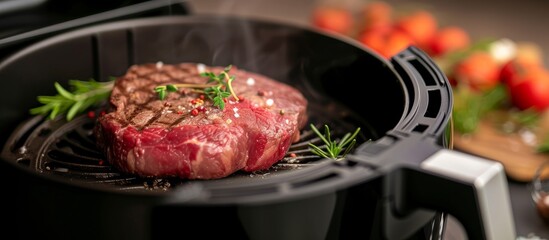 Poster - Sizzling Steak Slowly Cooking in Smokey Environment, Culinary Delight