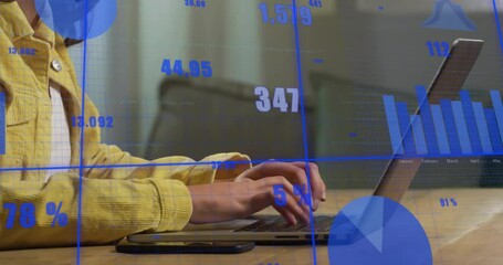 Poster - Animation of digital data processing over caucasian woman using laptop