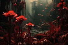 Red Flowers Dark Jungle. Color Beauty. Generate Ai