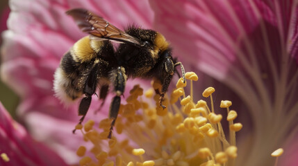 A bumblebee landing delicately on a colorful pollencovered flower.