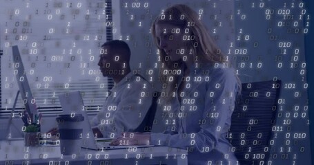 Poster - Animation of binary coding data processing over diverse business people in office