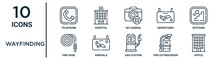 wayfinding outline icon set includes thin line telephone, no camera, upstairs, arrivals, fire extinguisher, office, fire hose icons for report, presentation, diagram, web design