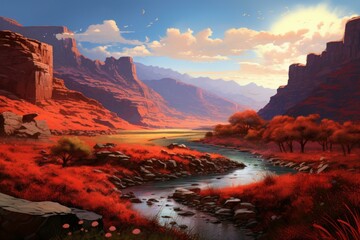 Wall Mural - Red fantasy river landscape. Cosmos moon. Generate Ai