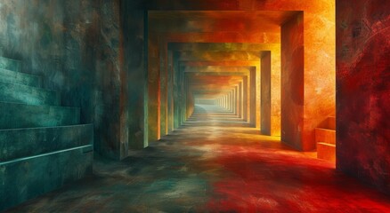 Poster - A vibrant display of creativity lines the walls of a bright indoor hallway, as the interplay of light and paint brings visual arts to life
