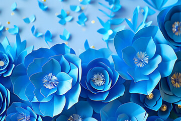 Wall Mural - Background of blue paper flowers with empty space for text or greeting card design. Postcard for International Women's Day and Mother's Day.
