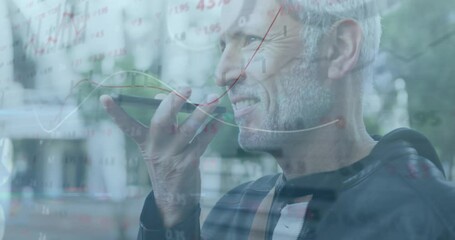 Poster - Animation of financial data processing over caucasian man using smartphone