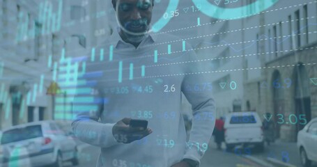 Poster - Animation of financial data processing over african american businessman using smartphone