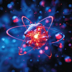 Wall Mural - atomic dance: subatomic realm, electrons, neutrons, and protons orbit a fixed nucleus in a model emp