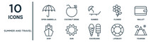 Summer And Travel Outline Icon Set Includes Thin Line Open Umbrella, Sunbed, Wallet, Sun, Lifebuoy, Tourism, Ship Icons For Report, Presentation, Diagram, Web Design
