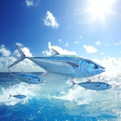 Wall Mural - Giant Tuna Underwater with Sunlight Through Water