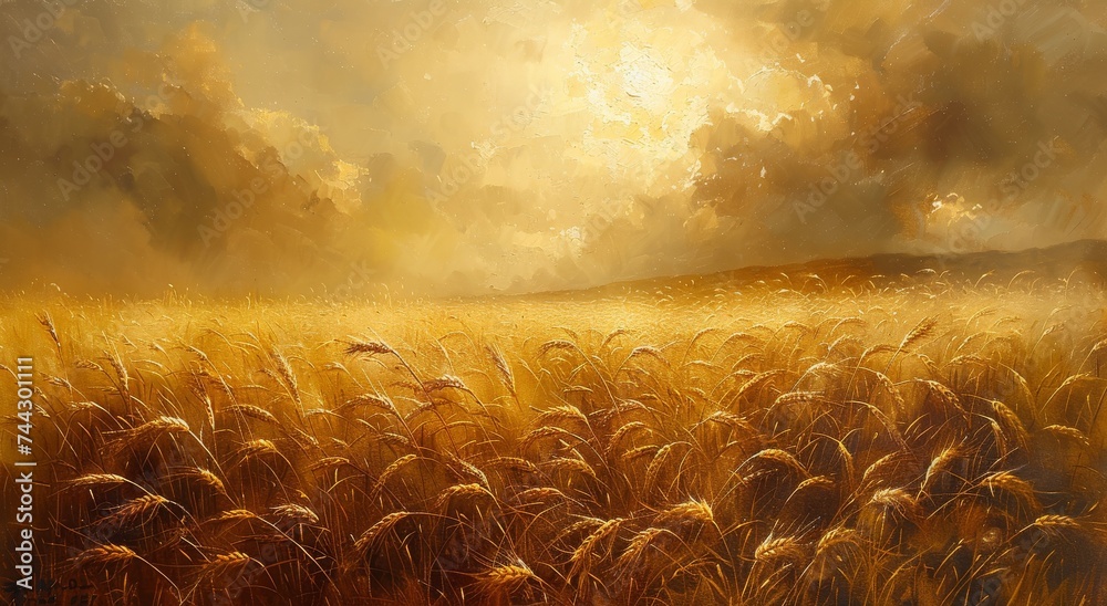 Amidst the tranquil landscape, a golden field of wheat basks in the ...