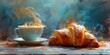 Indulge in a delicious morning treat with a flaky croissant and warm cup of coffee, served on elegant tableware for a touch of sophistication