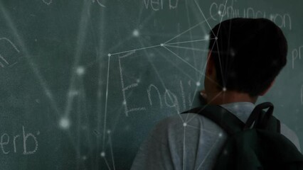 Poster - Animation of network of connections over biracial schoolboy writing on chalkboard