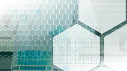 Poster - Animation of hexagons and scientific data processing over male scientist in laboratory