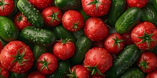 Heap Of Whole Wet Tomatoes And Cucumbers.Seamless Background For Wrappers, Fabrics, Wallpapers, Banners, 3d Rendering. Top View Point, Full Frame.