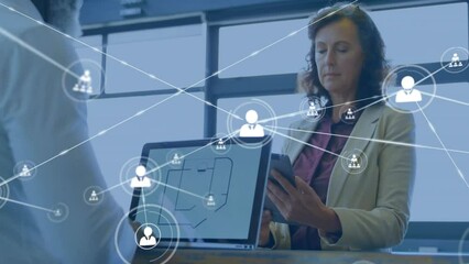 Poster - Animation of network of connections with people icons over diverse business people in office