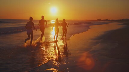 Wall Mural - Group of happy friends is having fun and runs at sunset beach to sun light and waves
