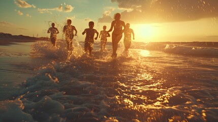 Wall Mural - Group of happy friends is having fun and runs at sunset beach to sun light and waves
