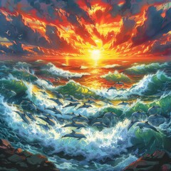 Wall Mural - Dramatic Sunset and Dolphins Leap in Ocean