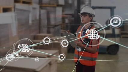 Poster - Animation of network of connections with shopping trolley icons and biracial woman in warehouse