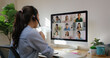 © ChayTee - Happy smile asia young talent woman learn mba college class on webcam video call in desktop screen with cowork friend workforce group talk in sale report. Smart job work at home for staff workspace.