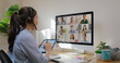 © ChayTee - Happy smile asia young talent woman learn mba college class on webcam video call in desktop screen with cowork friend workforce group talk in sale report. Smart job work at home for staff workspace.