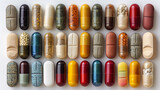 Fototapeta Panele - A variety of colorful pills and capsules displayed neatly, representing medicine and healthcare. Ai generative illustration