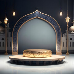 golden stage podium with islamic decoration for product display presentation ai generated