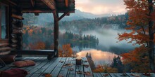 A Cozy Wooden Porch With Autumn Vibes Overlooking A Misty Lake During Fall Season