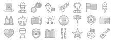 Th Of July Line Icons. Linear Set. Quality Vector Line Set Such As Champagne, Star, Building, Heart, Usa, Television, Popsicle, Firework, Cowboy