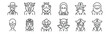 12 set of linear fantastic characters icons. thin outline icons such as pirate, devil, cleopatra, cowboy, frog prince, minotaur for web, mobile.
